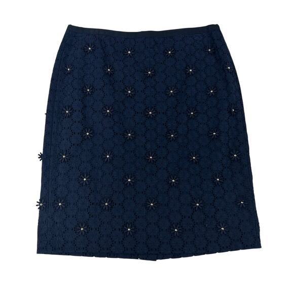 Talbots Navy Floral Eyelet Gold Embellished Lined Pencil Skirt Womens Petite 8 - Picture 1 of 5